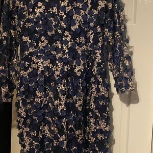 Xscape Blue and Cream Floral Long Sleeve Dress